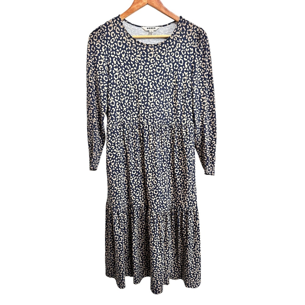 Boden Leopard Print Tiered Midi Jersey Dress Navy Tan Cotton‎ Tencel 6P
